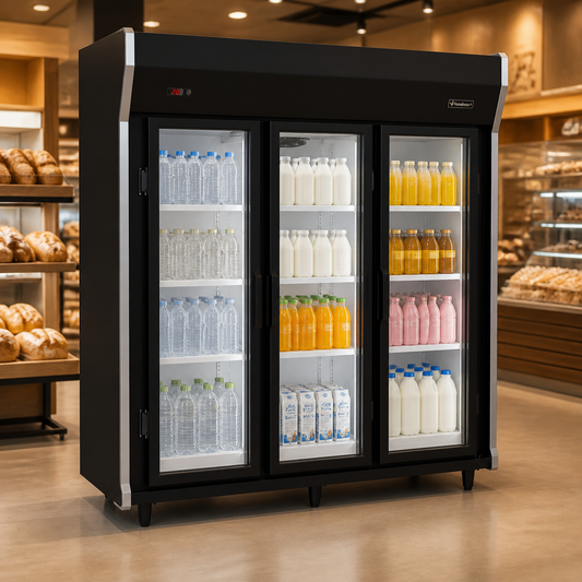 Expositor Vertical 3 Puertas Venâncio Prime Negro — en uso con interior blanco
