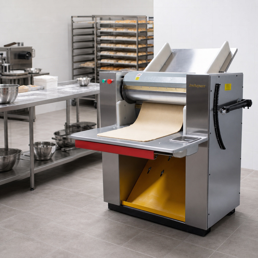 Sobadora Indupan 60 — en uso profesional con masa laminada