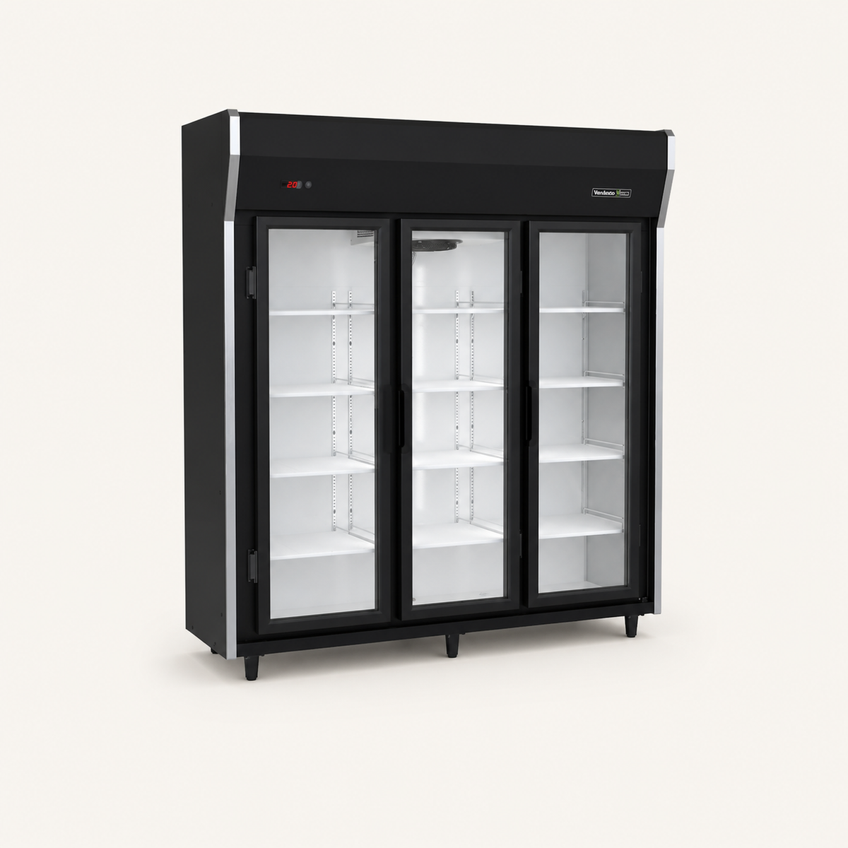 Expositor Vertical 3 Puertas Venâncio Prime Negro — vista a 45 grados con interior blanco