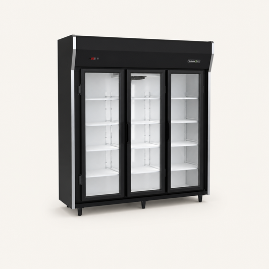 Expositor Vertical 3 Puertas Venâncio Prime Negro — vista a 45 grados con interior blanco