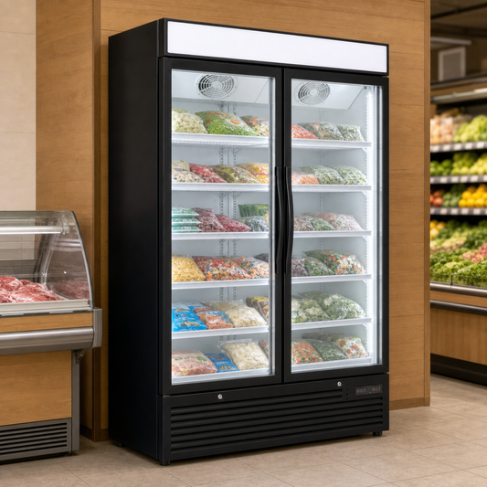 Freezer Vertical 2 Puertas Negro — en uso profesional a escala real
