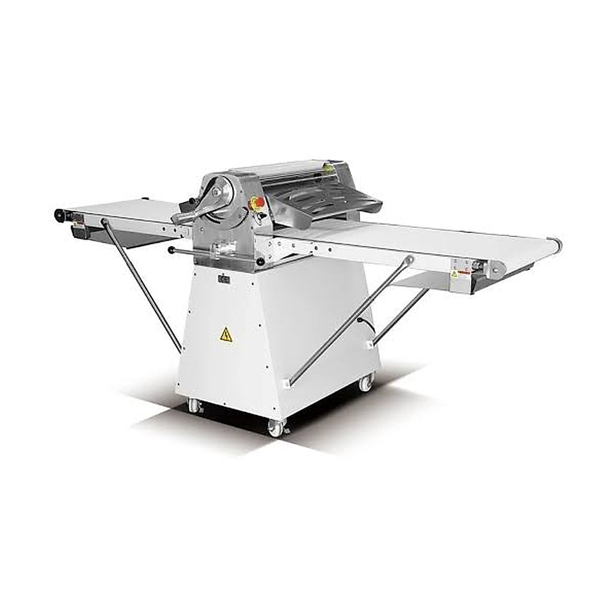 Laminadora de pie Ancon 520C con cintas transportadoras, vista 3/4 sobre fondo blanco